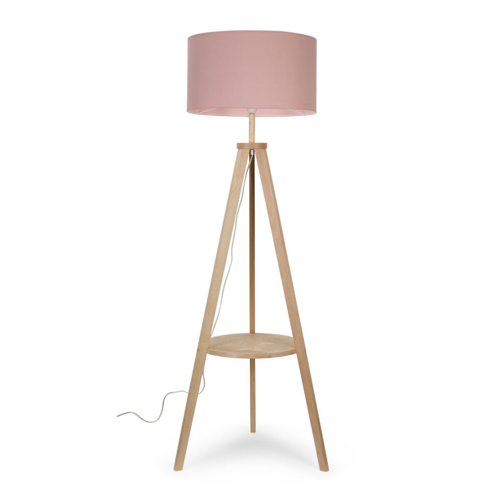 Modern Light Wood Tripod Design Floor Lamp with Storage Shelf & Pink Drum Shade - Complete with a 6w LED Bulb [3000K Warm White]