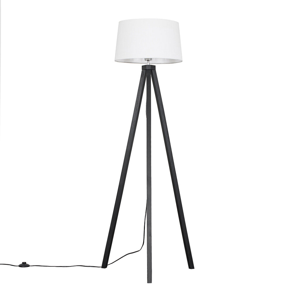 Modern Black Wood Tripod Floor Lamp with a White Tapered Shade - Complete with a 6w LED GLS Bulb [3000K Warm White]