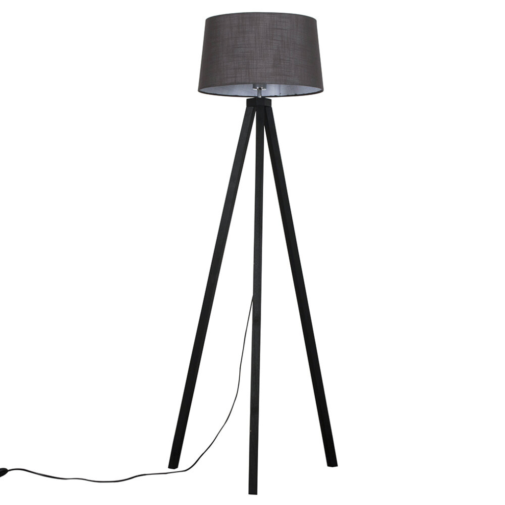 Modern Black Wood Tripod Floor Lamp with a Grey Tapered Shade - Complete with a 6w LED GLS Bulb [3000K Warm White]