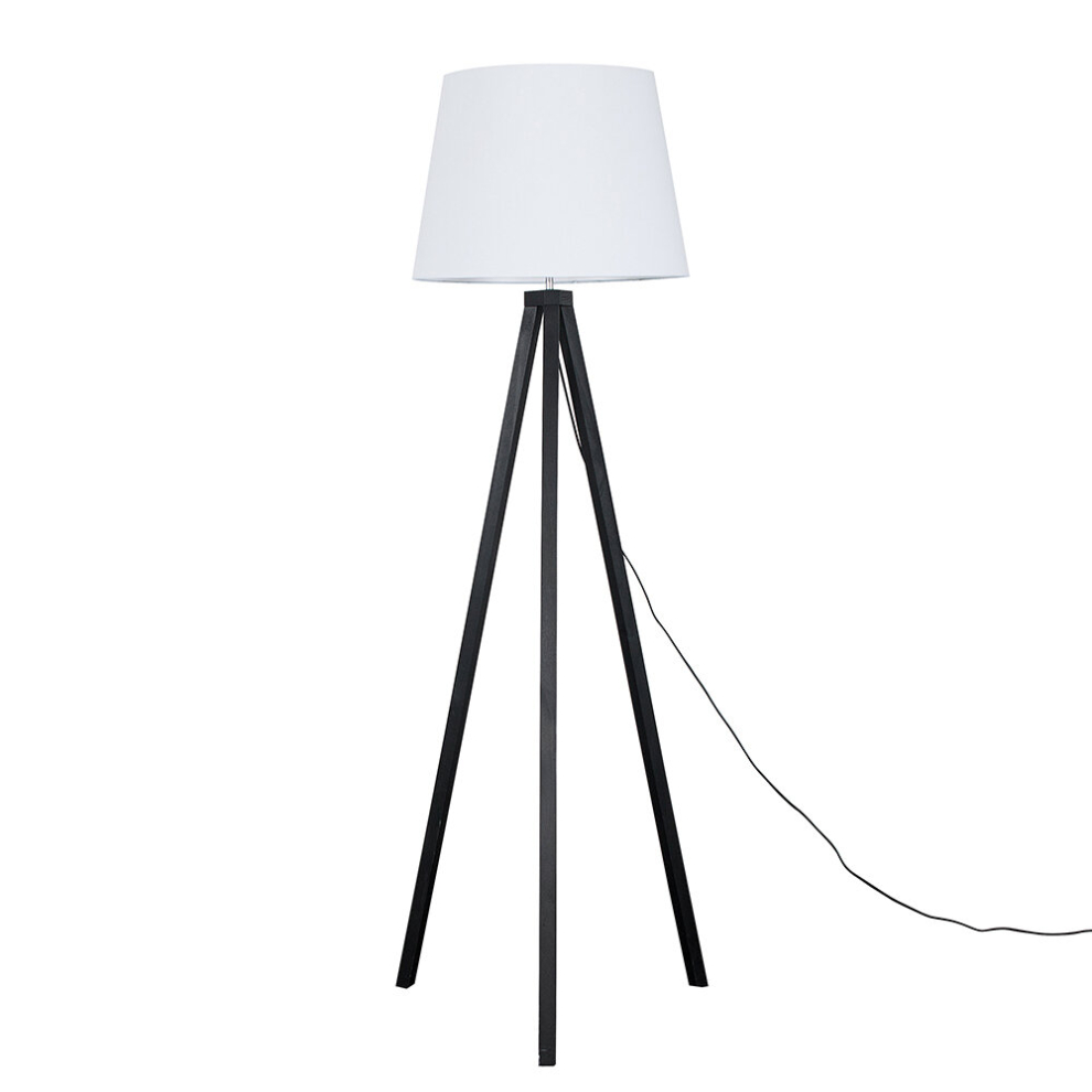 Modern Black Wood Tripod Design Floor Lamp with a White Tapered Shade - Complete with a 6w LED GLS Bulb [3000K Warm White]