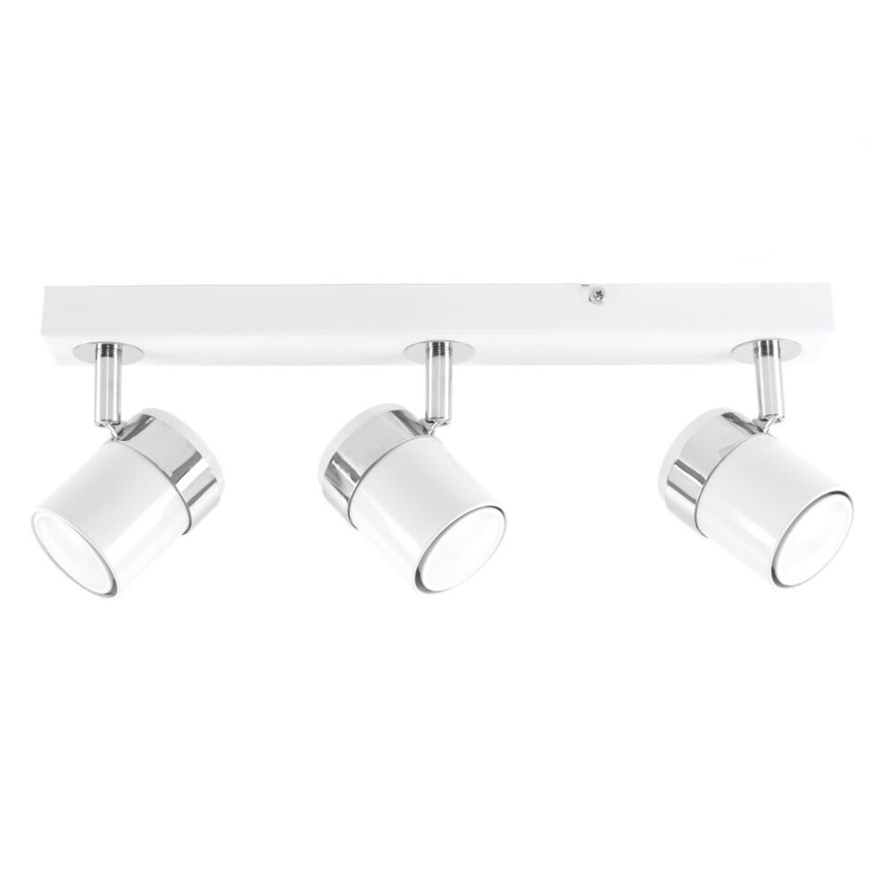 Modern 3 Way Gloss White and Polished Chrome Straight Bar Ceiling Spotlight - with 3 x 5W Warm White GU10 LED Bulbs