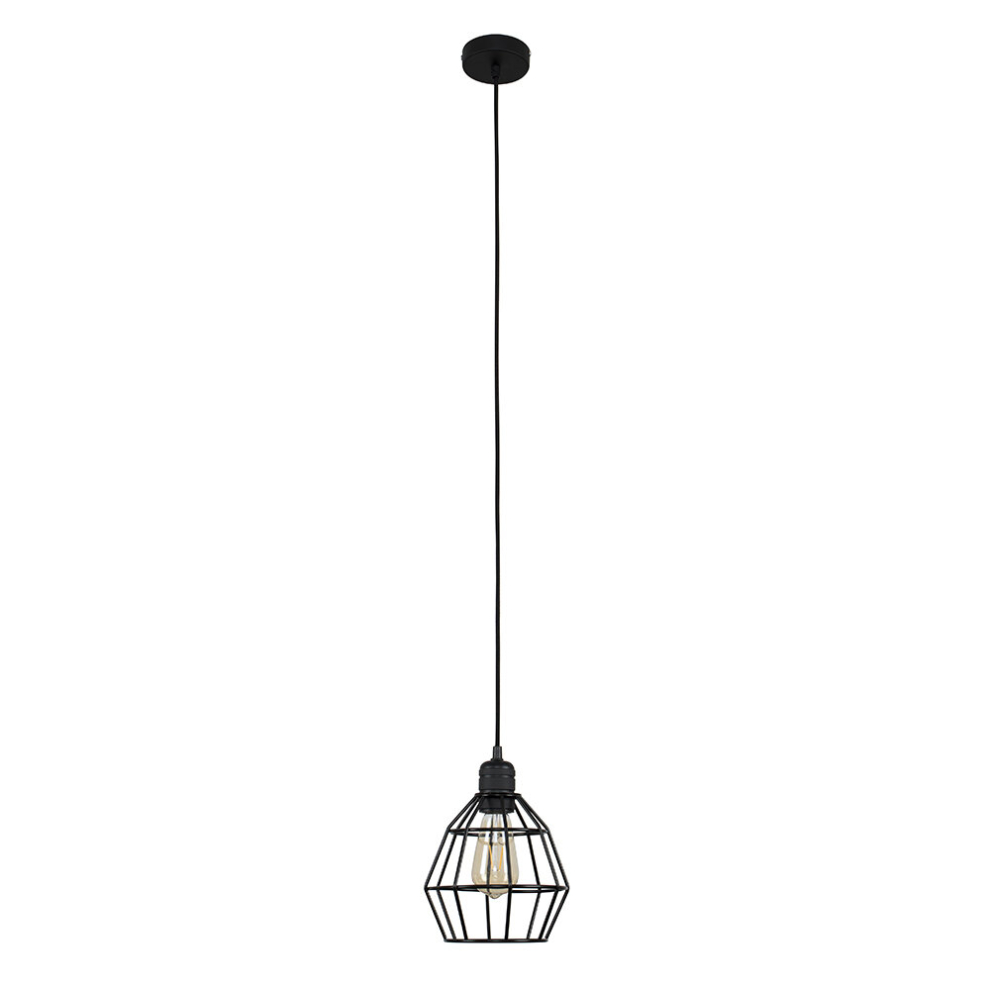 Modern Matt Black Ceiling Rose & Flex Lampholder Fitting with a Black Basket Shade - Complete with a 4w LED Filament Light Bulb [2700K Warm White]