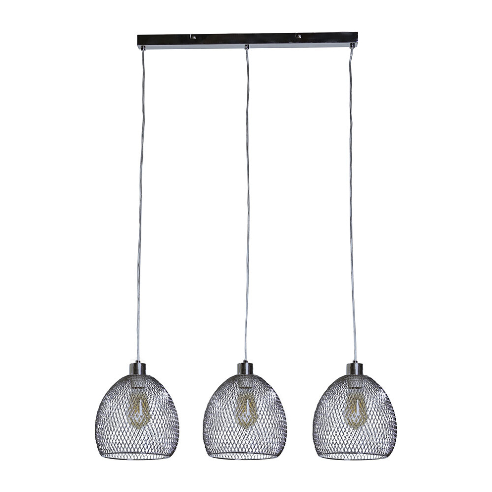 3 Way Brushed Chrome Over Table Ceiling Light Fitting with Suspended Mesh Lightshades - Complete with 4w LED Filament Bulbs [2700K Warm White]