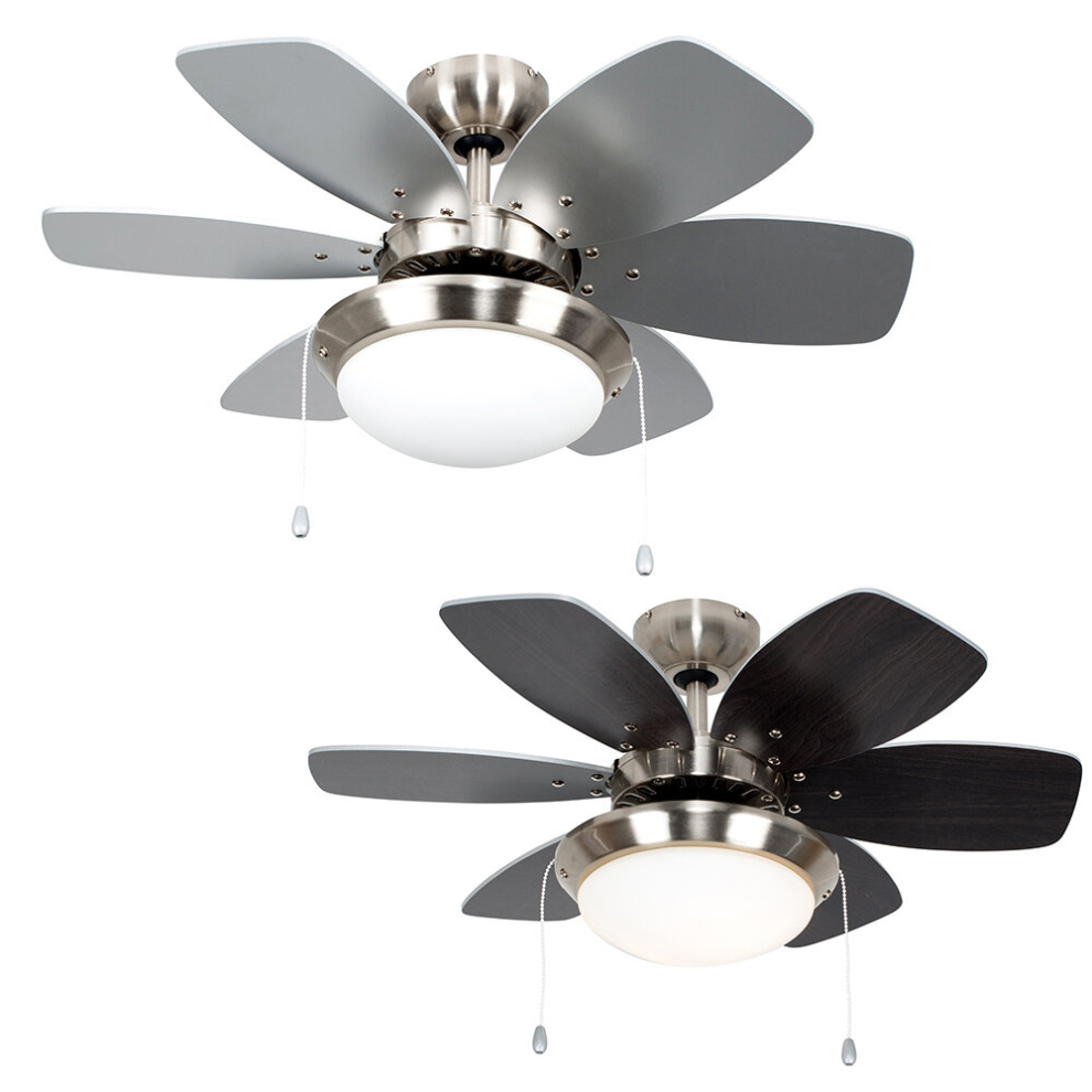 Chrome 30" Modern Ceiling Fan with Light & Reversible Blades - Complete with 2 x 4w LED SES E14 Golfball Bulb