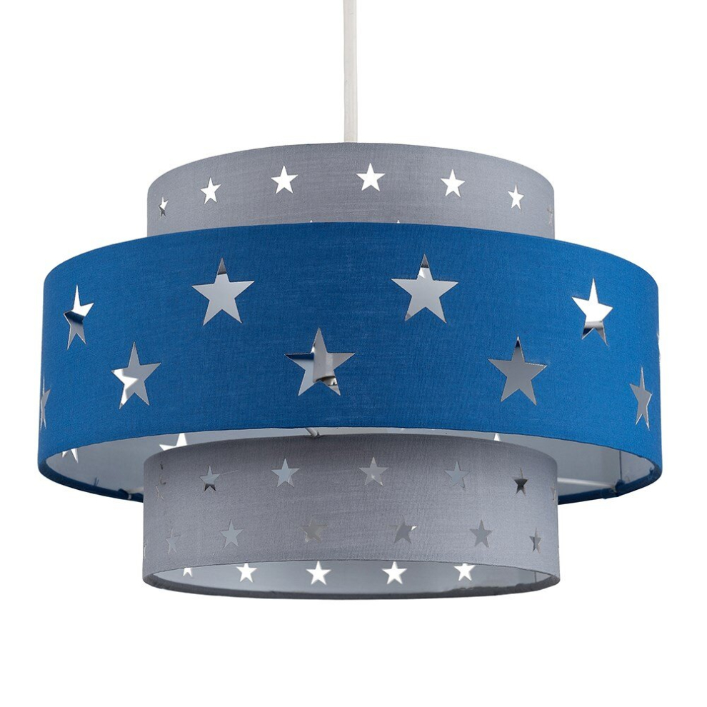 Modern Blue & Light Grey Cut Out Star Design Cylinder Ceiling Pendant Light Shade - Complete with a 10w LED GLS Bulb [3000K Warm White]