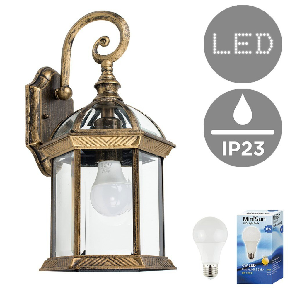 Traditional Style IP23 Rated Brushed Gold Aluminium Hanging Outdoor Garden Wall Light - Complete with 6w LED ES E27 GLS Bulb