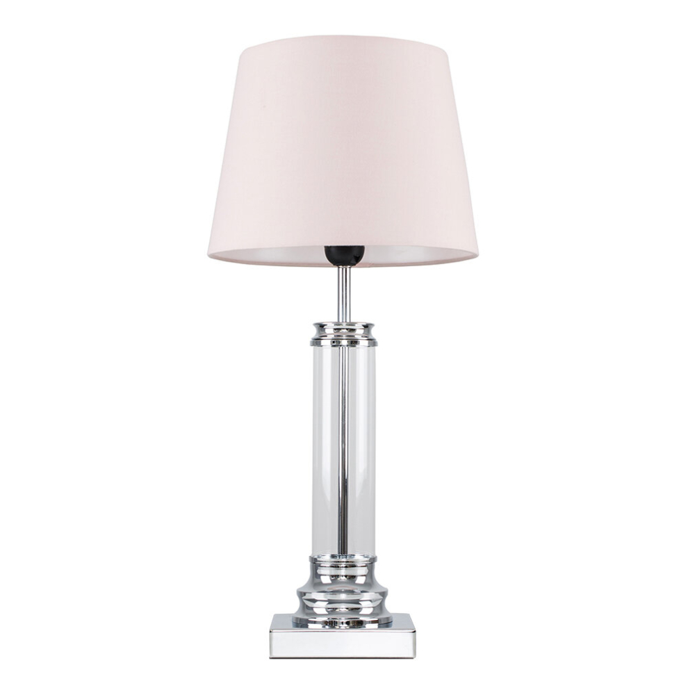 Modern Clear Glass Column Design Touch Table Lamp with a Pink Tapered Shade