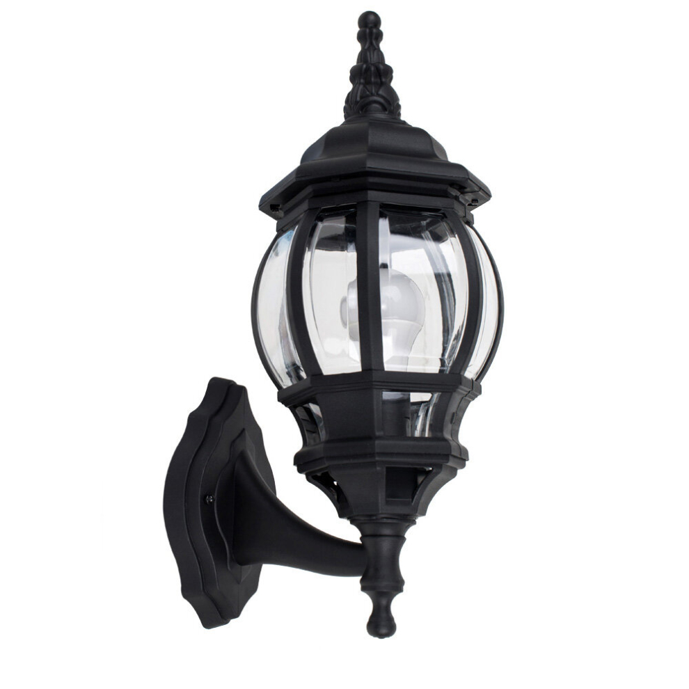 Traditional Style IP44 Rated Black & Clear Outdoor Security Wall Light Lantern - Complete with a 4w LED Candle Bulb [3000K Warm White]