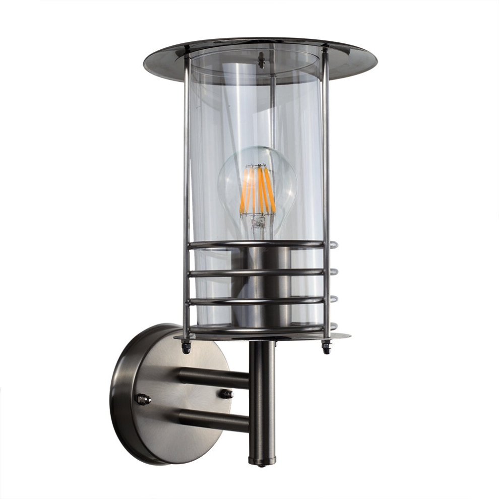 Modern IP44 Rated Silver Stainless Steel Metal & Clear Glass Fisherman's Lantern Cage Outdoor Wall Light - Complete with 6w LED ES E27 GLS Bulb