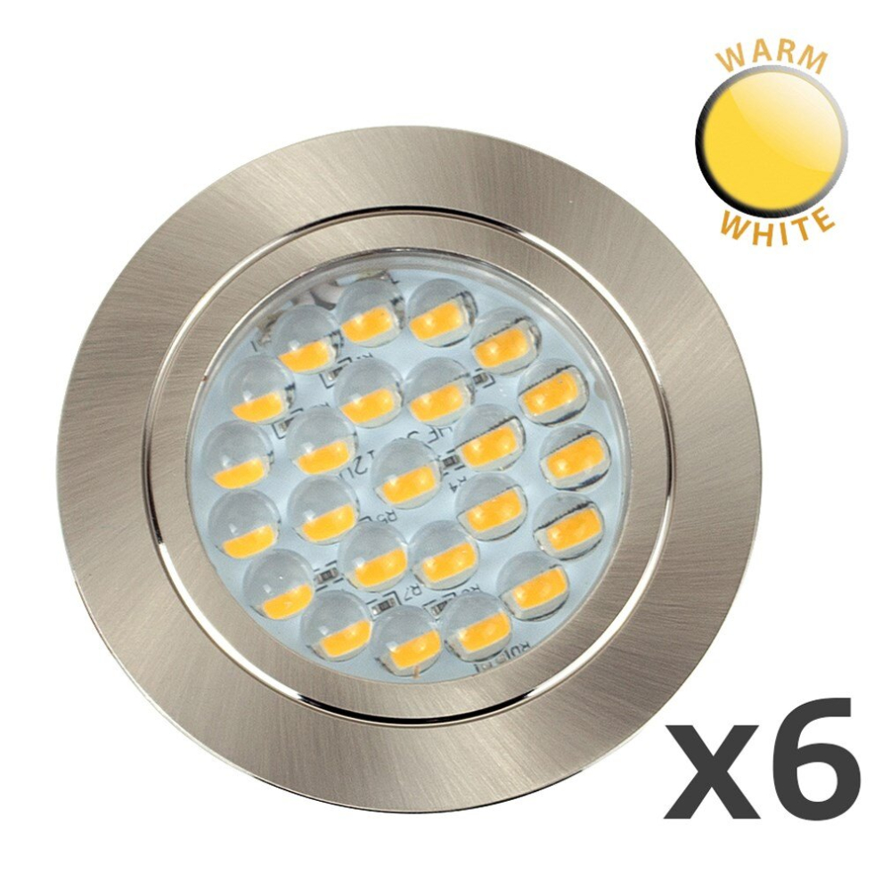 Pack of 6 - Modern Brushed Chrome 12V LED Caravan/Boat/Cabin Downlights [2700K Warm White]