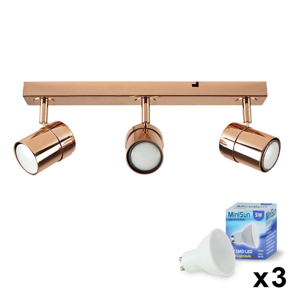 Modern 3 Way Copper Effect Straight Bar Ceiling Spotlight - Complete with 5w LED GU10 Bulbs 6500K [Cool White]