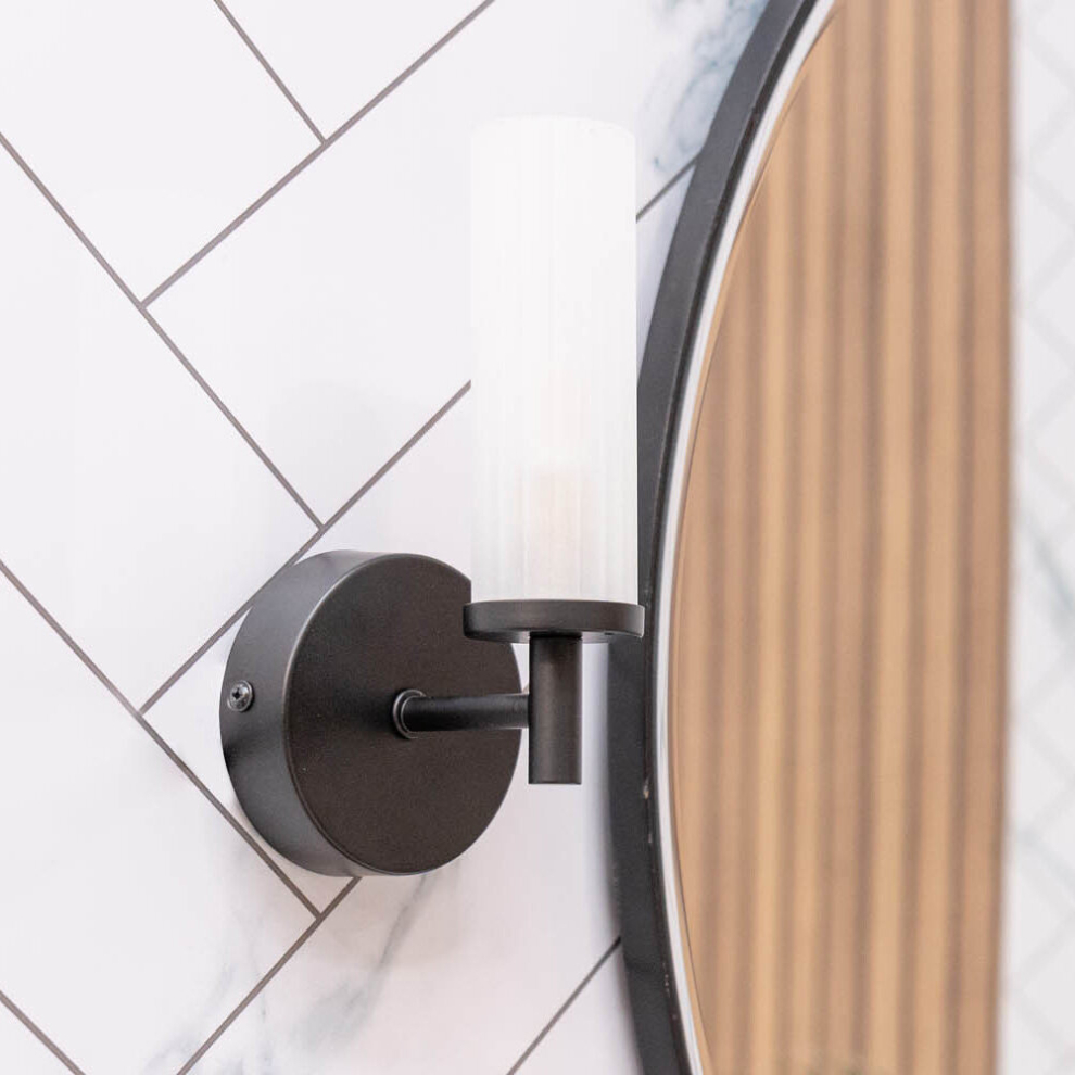 ValueLights Canya Black IP44 Bathroom Frosted Reeded Glass Wall Light