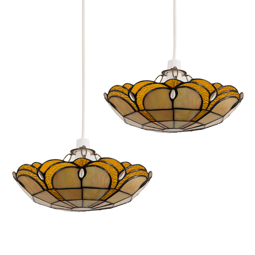 Pair of - Tiffany Style Amber Jewelled Glass Uplighter Design Ceiling Pendant Light Shades - Complete with 10w LED GLS Bulbs [3000K Warm White]