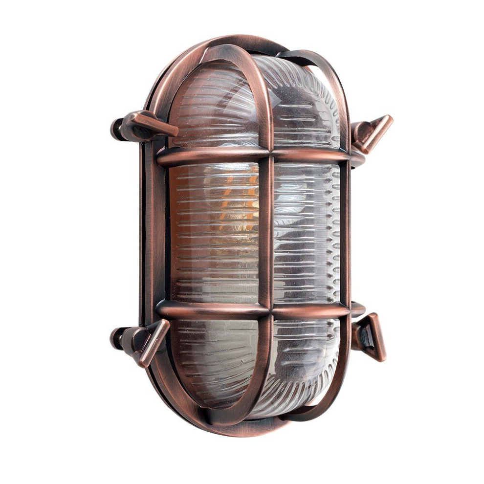 Modern IP64 Rated Oval Bronzed Rustic Copper Effect Nautical Design Frosted Lens Outdoor Wall Light