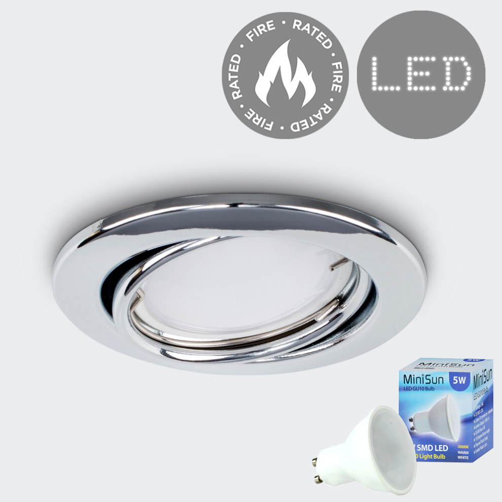 Fire Rated Polished Chrome Tiltable GU10 Recessed Ceiling Downlight - Complete with a 5w LED Bulb [3000K Warm White]