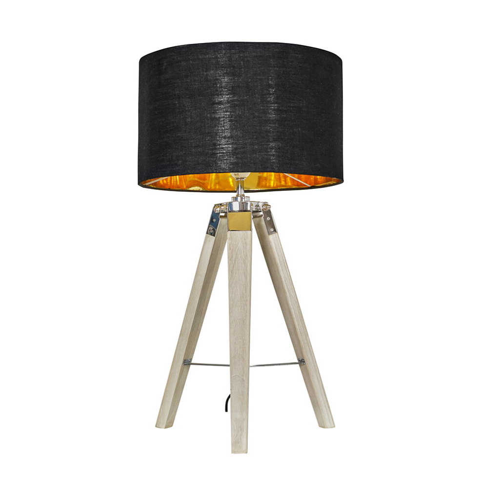 Modern Distressed Wood and Silver Chrome Tripod Table Lamp with a Black/Gold Drum Shade - Complete with a 6w LED GLS Bulb [3000K Warm White]