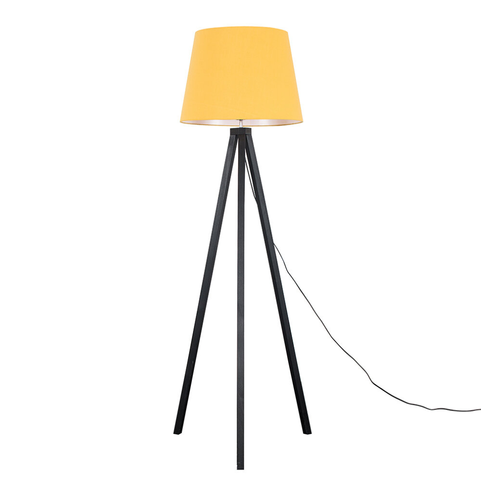 Modern Black Wood Tripod Design Floor Lamp with a Mustard Tapered Shade - Complete with a 6w LED GLS Bulb [3000K Warm White]