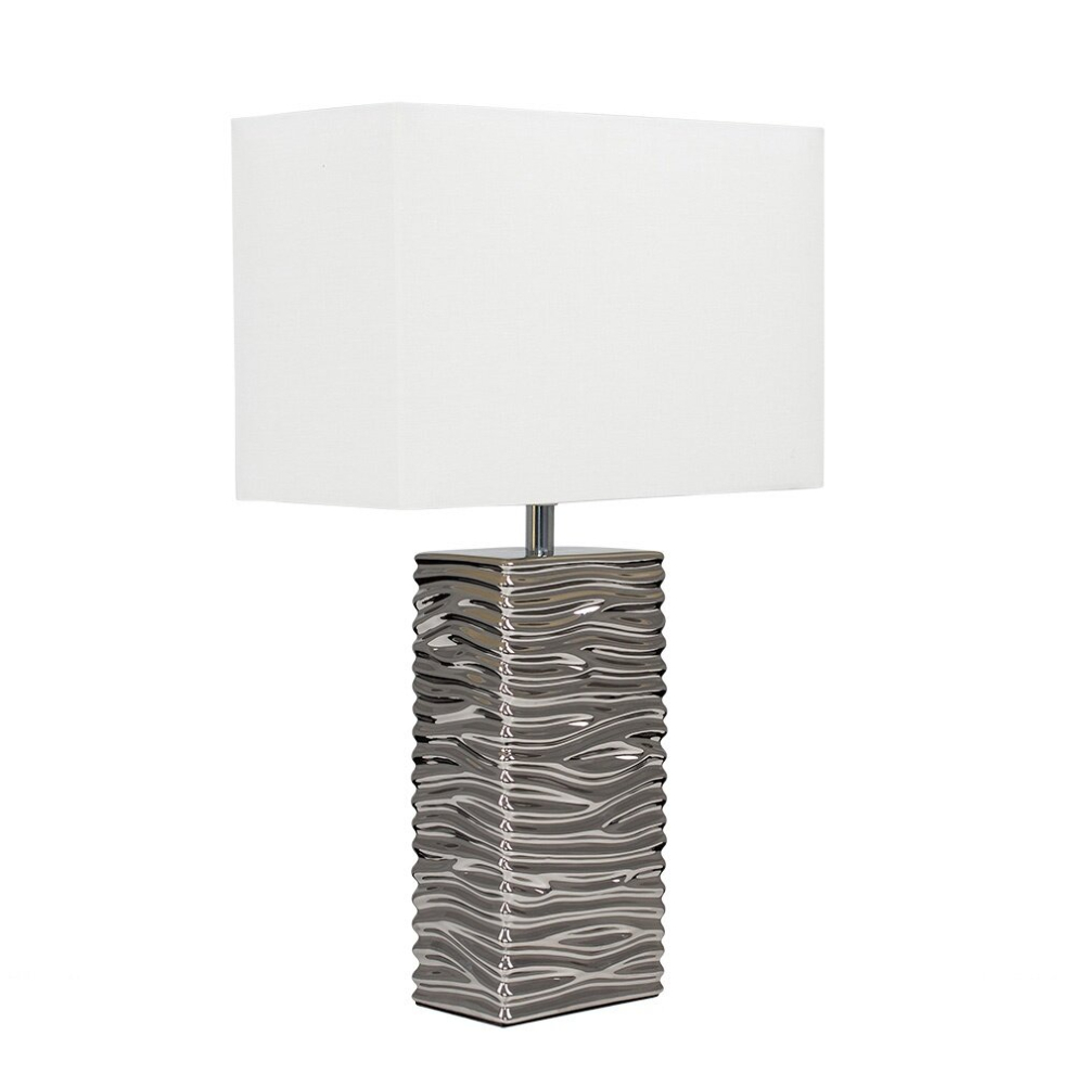 Modern Silver Ripple Effect Ceramic Table Lamp with a White Light Shade - Complete with a 4w LED Candle Bulb [3000K Warm White]