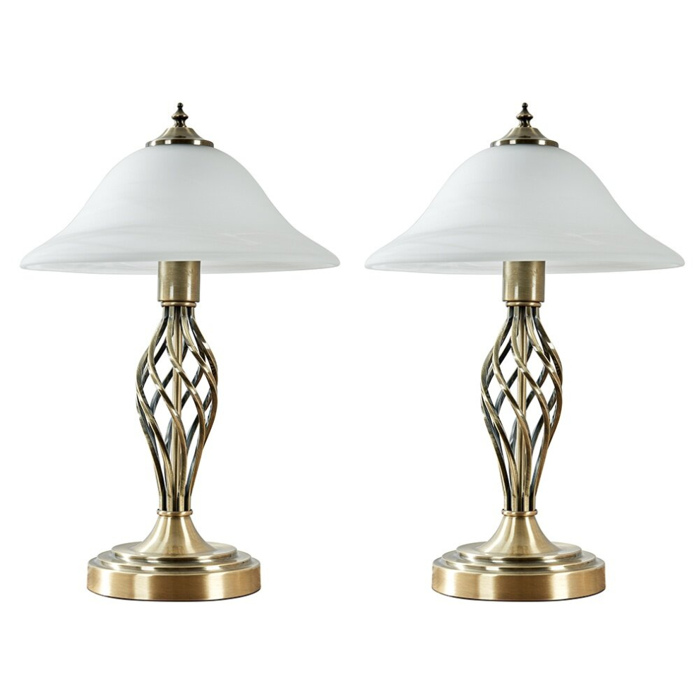 Pair of - Traditional Style Antique Brass Barley Twist Table Lamps with a Frosted Alabaster Shade - With 6w LED GLS Light Bulbs [3000K Warm White]