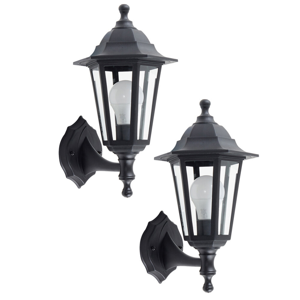 Pair of - Traditional Style Black Outdoor Security IP44 Rated Wall Light Lanterns
