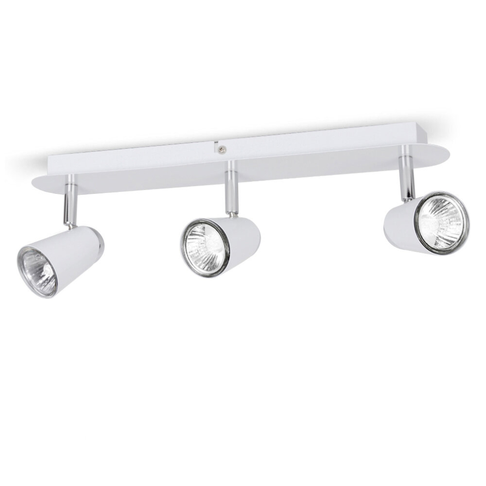 Modern Gloss White and Polished Chrome Adjustable 3 Way Straight Bar Ceiling Spotlight - with 3 x 5W Cool White GU10 LED Bulbs