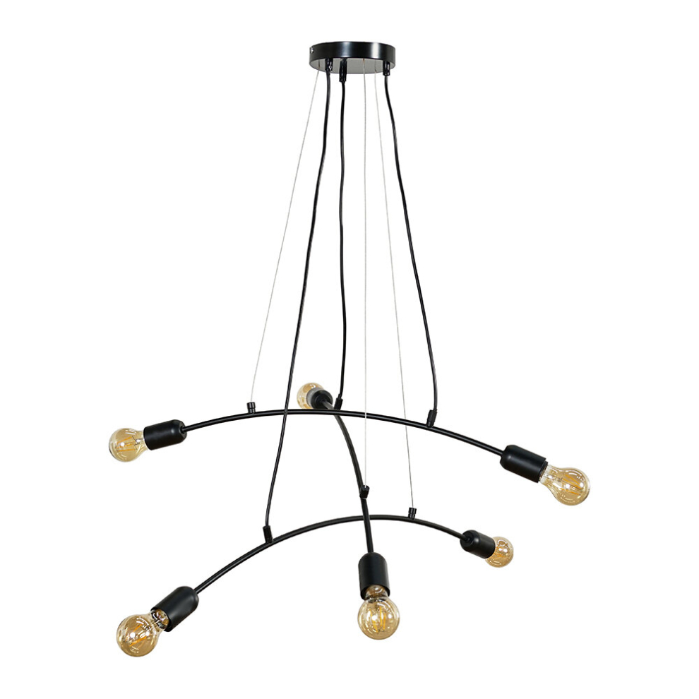 Industrial 6 Way Matt Black Suspended Cross Over Ceiling Pendant Light Fitting - Complete with 4W LED Filament Bulbs [2700K Warm White]