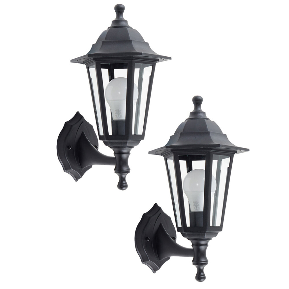 Pair of - Traditional Style Black Outdoor Security IP44 Rated Wall Light Lanterns - Complete with 6w LED GLS Bulbs [3000K Warm White]