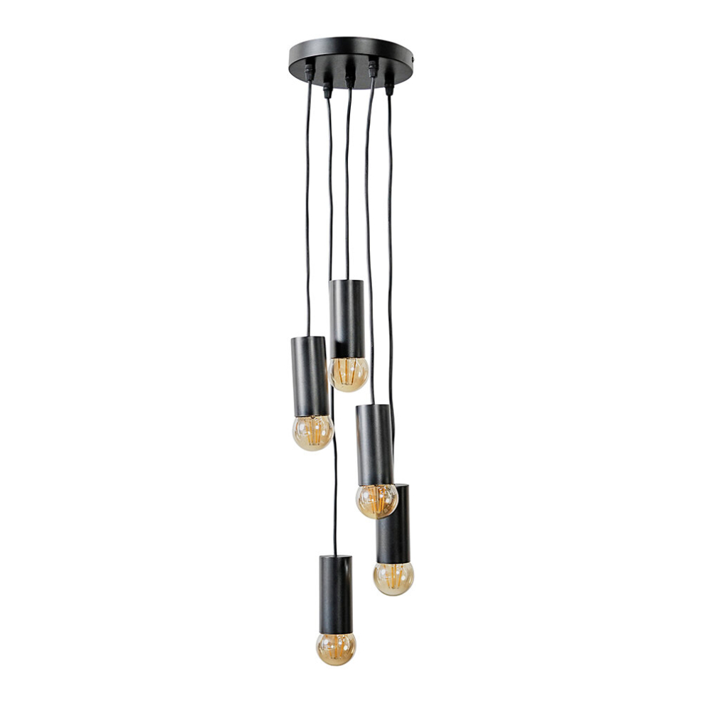 Industrial 5 Way Matt Black Multi Drop Ceiling Pendant Light Fitting - Complete with 4W LED Filament Bulbs [2700K Warm White]