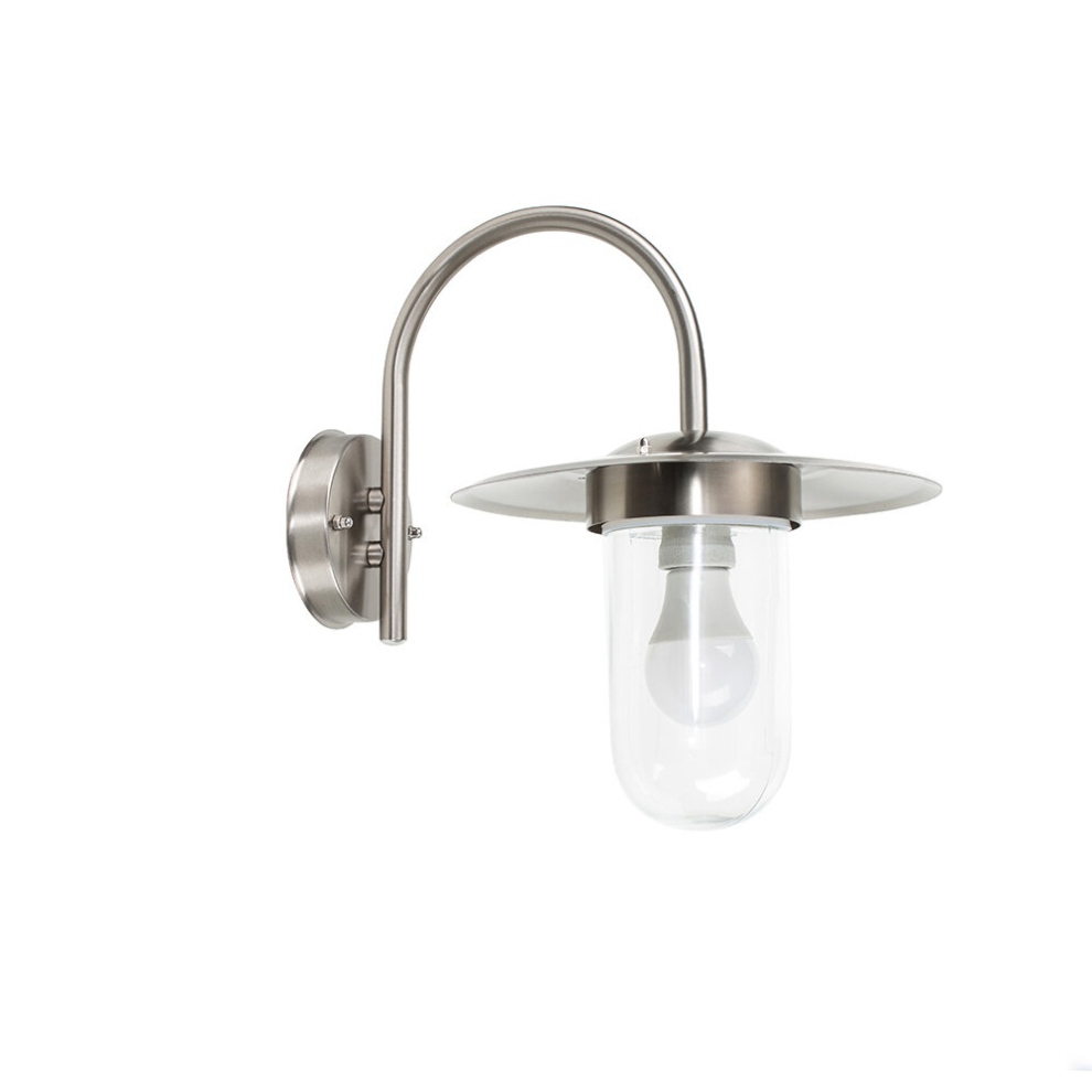 Modern IP44 Rated Silver Stainless Steel Metal & Glass Fisherman's Lantern Outdoor Wall Light - Complete with a 4w LED Candle Bulb [3000K Warm White]