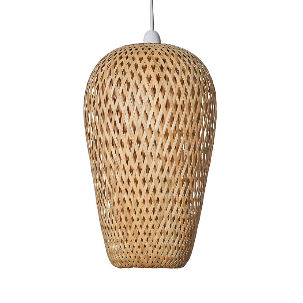 Modern Easy Fit Natural Bamboo Lattice Design Oblong Ceiling Pendant Light Shade - Complete with a 10w LED GLS Bulb [3000K Warm White]