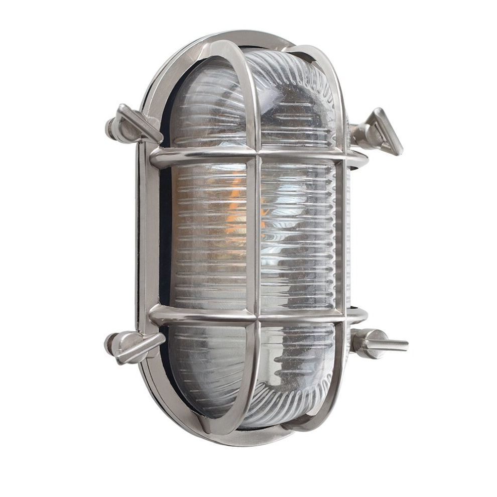 Modern IP64 Rated Oval Nautical Design Frosted Lens and Polished Aluminium Metal Outdoor Wall Light - With a 4w LED Filament Bulb [2700K Warm White]