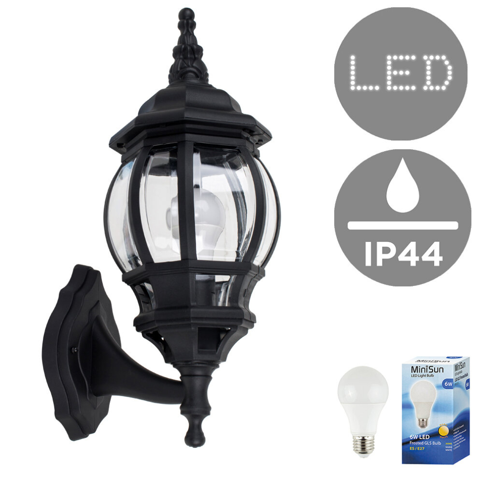 Traditional Style IP44 Rated Black & Clear Outdoor Security Wall Light Lantern - Complete with a 6w LED GLS Bulb [3000K Warm White]