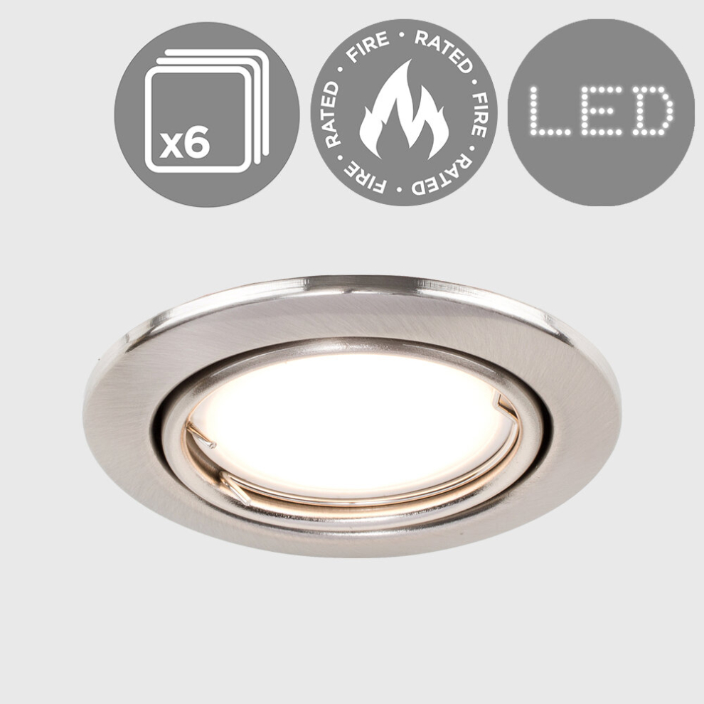 Pack of 6 - Fire Rated Brushed Chrome Tiltable GU10 Recessed Ceiling Downlights