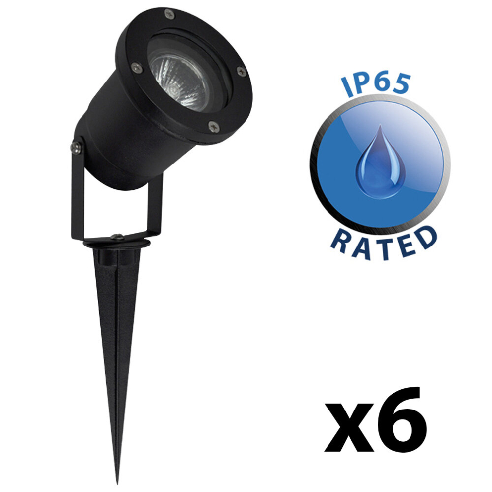 Pack of 6 - Modern Ground Spike/Wall Mount IP65 Rated Outdoor Lights in a Black Finish