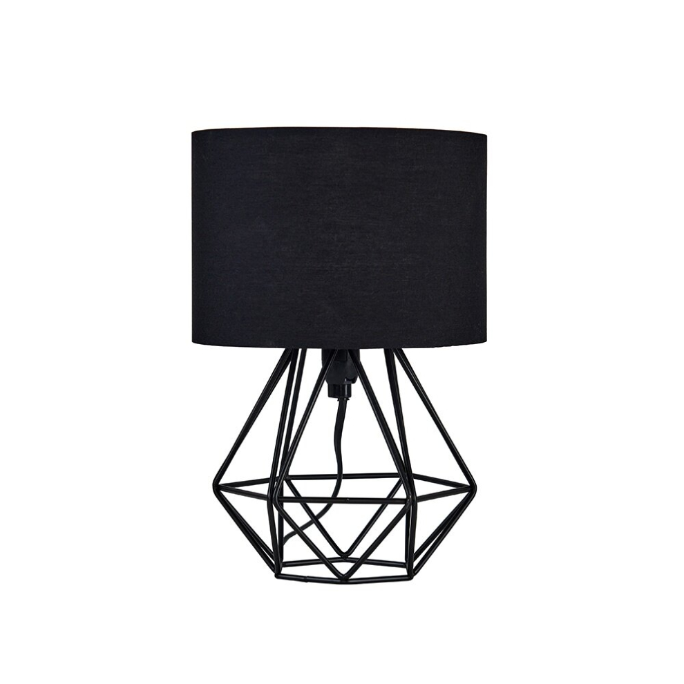 Modern Small Satin Black Metal Basket Cage Table Lamp with a Black Fabric Shade