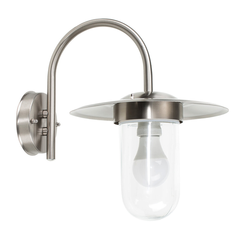 Modern IP44 Rated Silver Stainless Steel Metal & Glass Fisherman's Lantern Outdoor Wall Light