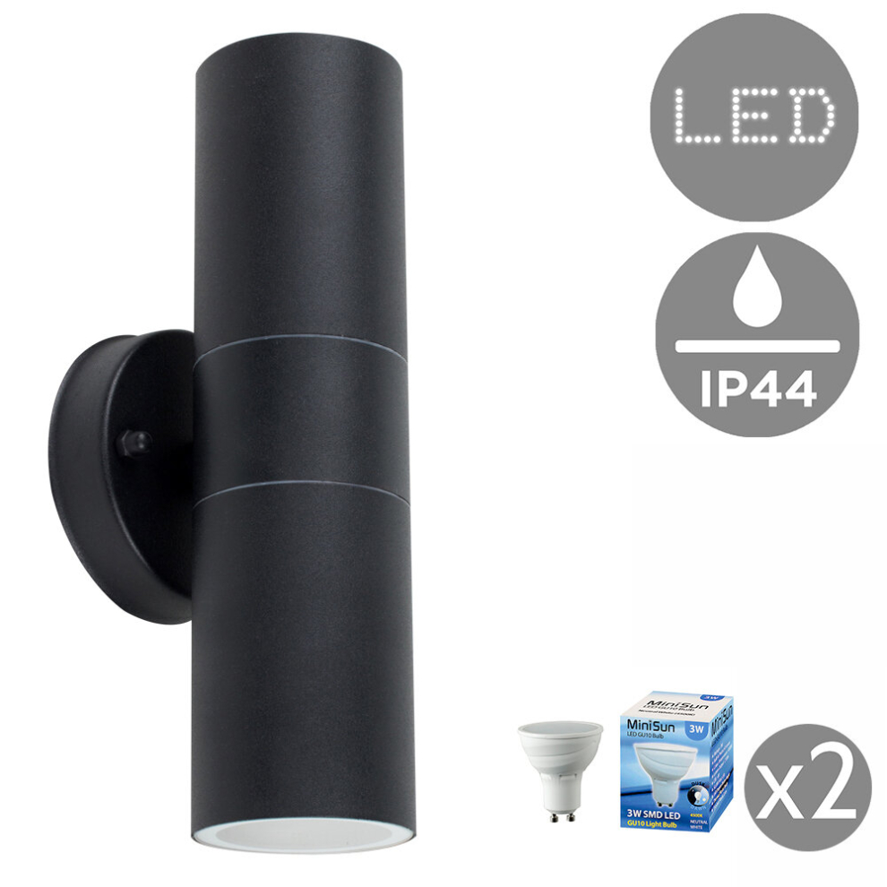 Modern IP44 Rated Black Stainless Steel Outdoor Up/Down Wall Light - Complete LED Dusk to Dawn Sensor Bulbs [4000K]