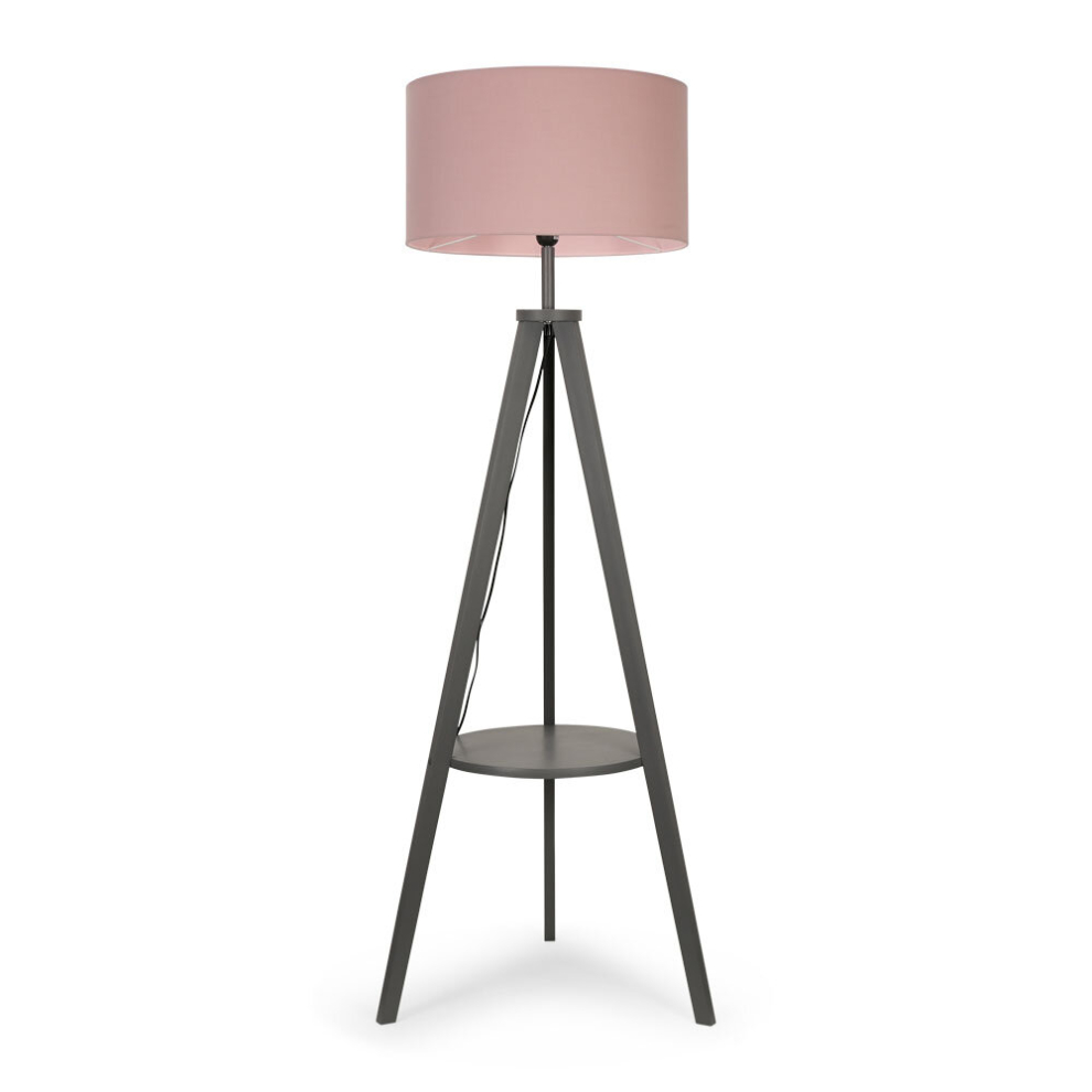 Modern Grey Wood Tripod Design Floor Lamp with Storage Shelf & Pink Drum Shade - Complete with a 6w LED Bulb [3000K Warm White]