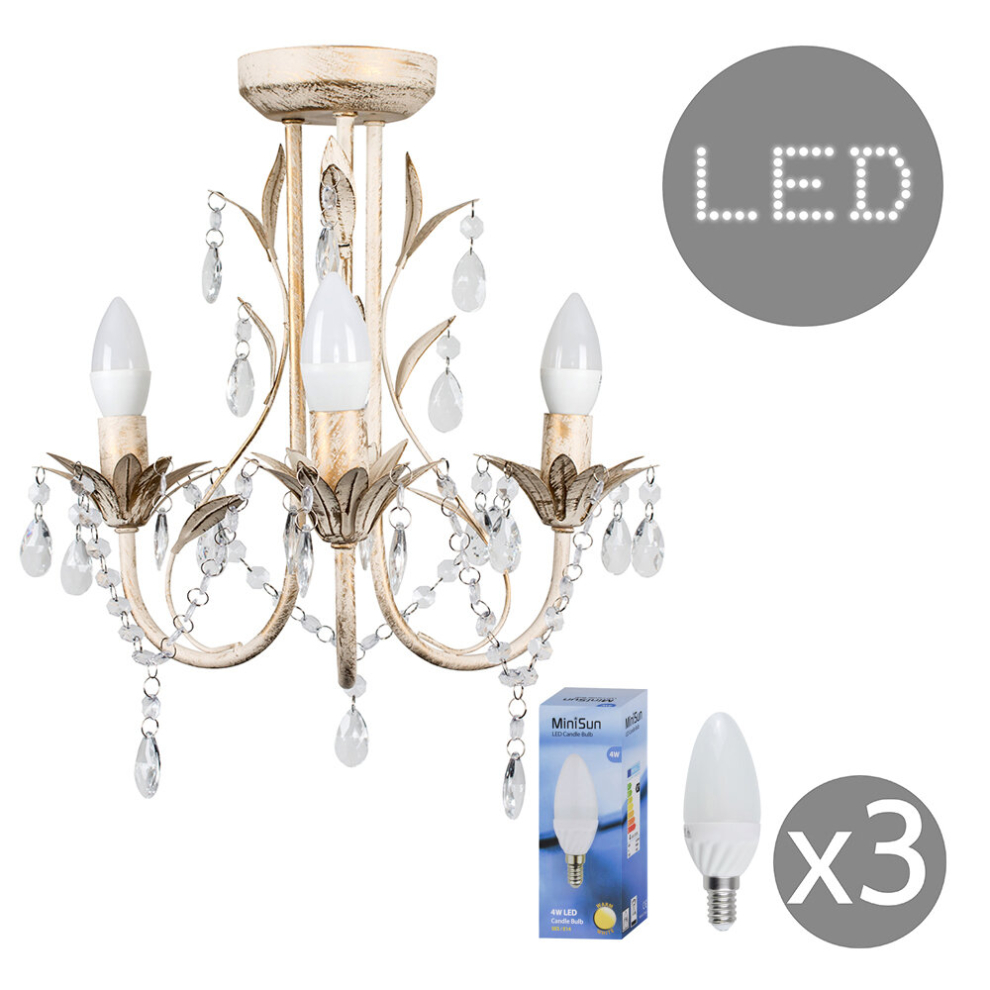 Traditional Style Distressed Cream Shabby Chic 3 Way Ceiling Light Chandelier - with 3 x 4w SES E14 LED Candle Bulbs