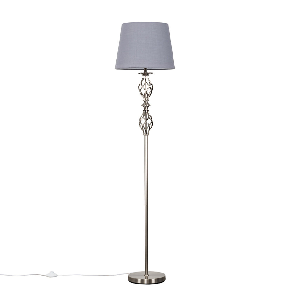 Traditional Style Brushed Chrome Double Twist Floor Lamp with a Grey Tapered Shade - Complete with a 6w LED Bulb [3000K Warm White]