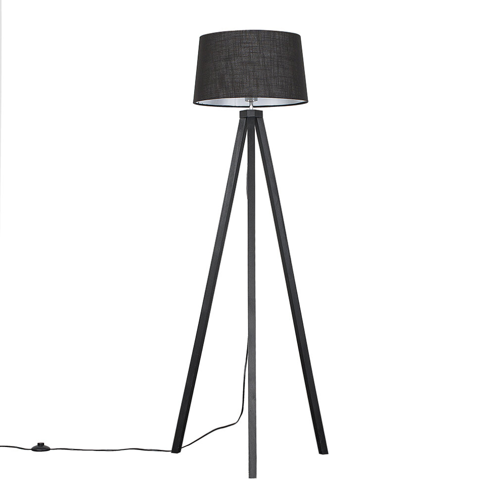 Modern Black Wood Tripod Floor Lamp with a Black Tapered Shade - Complete with a 6w LED GLS Bulb [3000K Warm White]