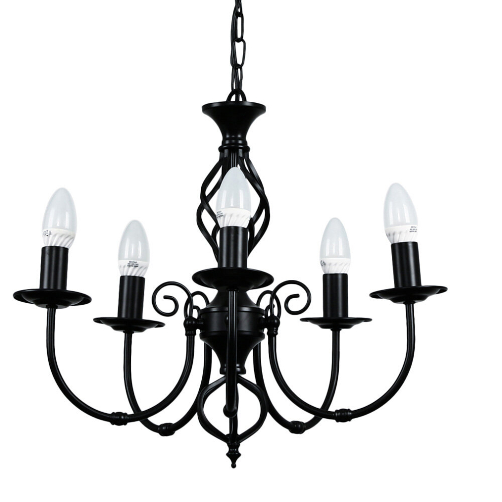 Traditional Style Satin Black Barley Twist 5 Way Ceiling Light Chandelier - Complete with 4w LED Bulbs [3000K Warm White]