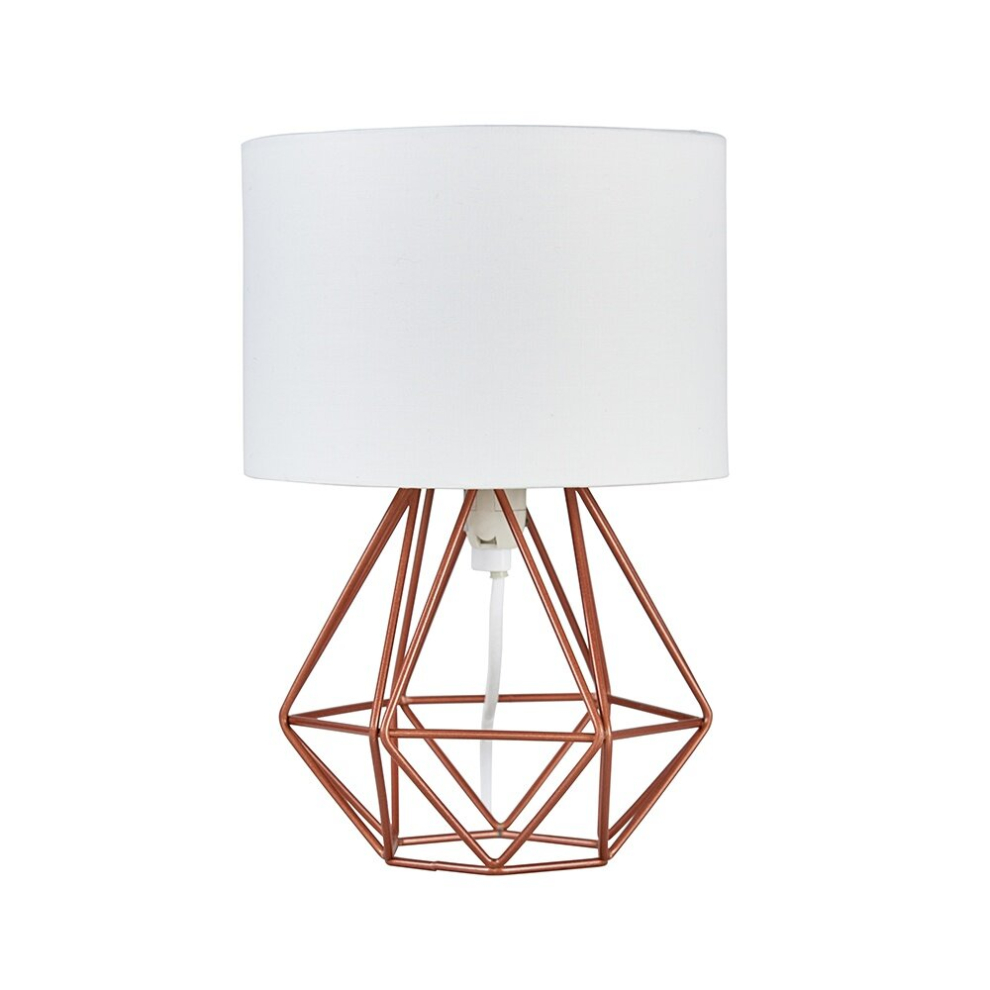 Modern Small Copper Metal Basket Cage Table Lamp with a White Fabric Shade - Complete with a 4w LED Golfball Bulb [3000K Warm White]