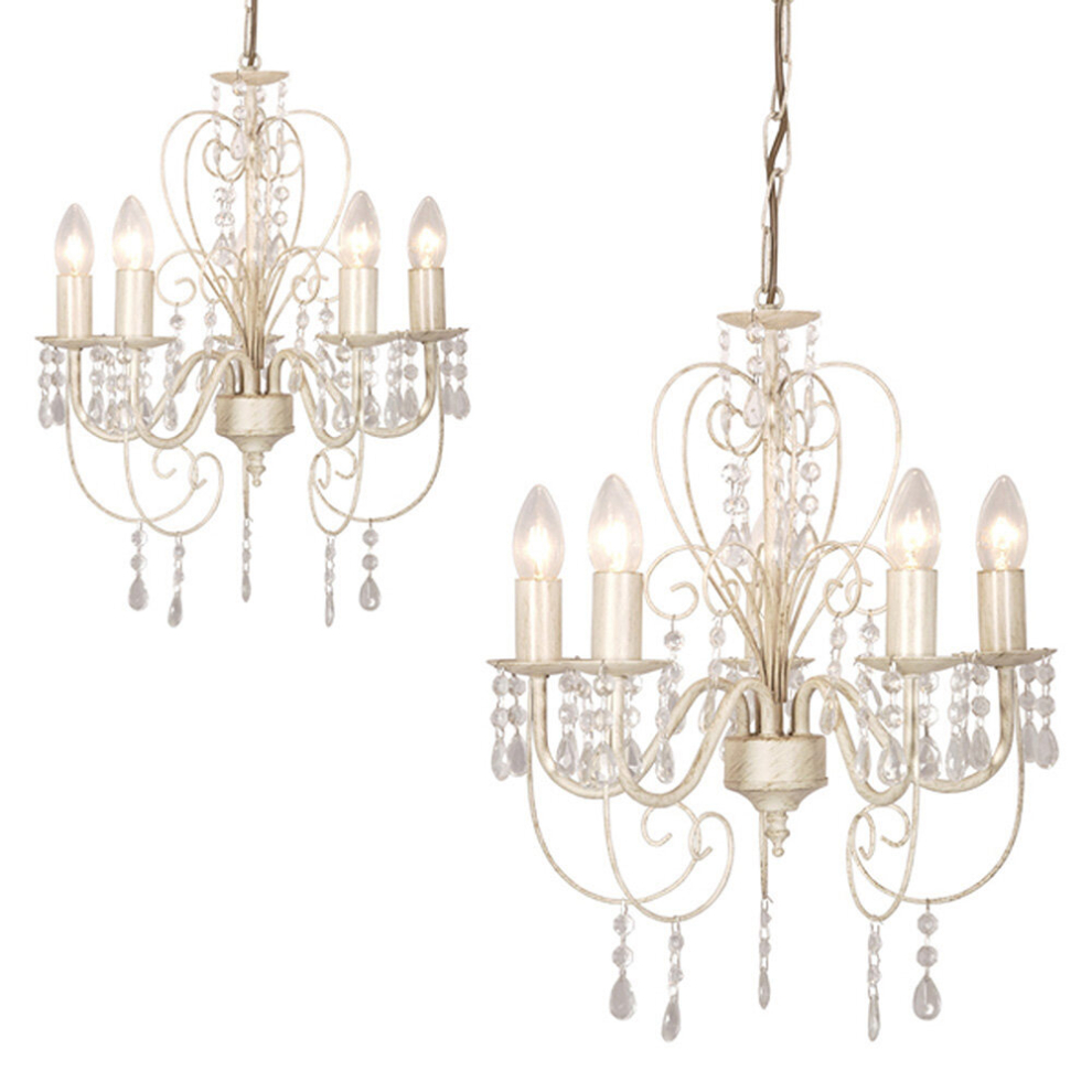 2 x Distressed White Shabby Chic 5 Way Ceiling Light Chandeliers