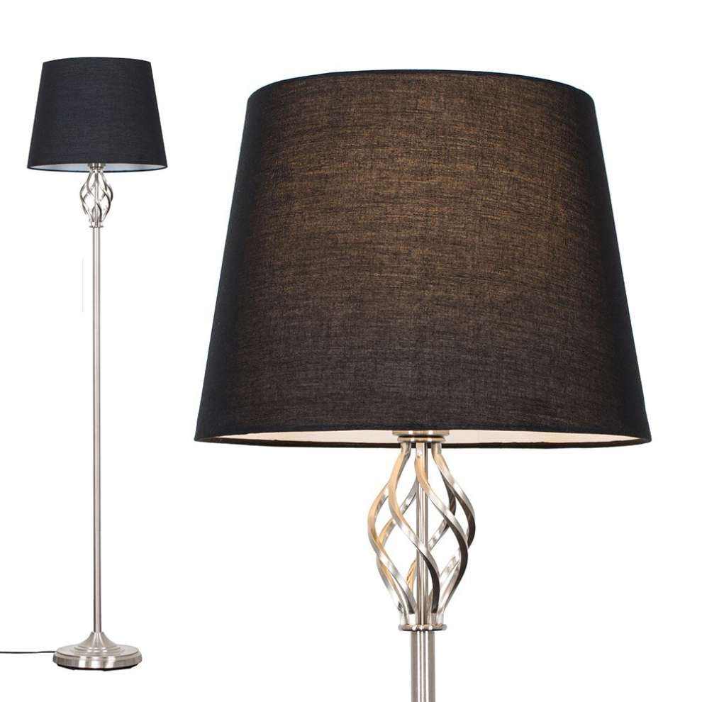 Traditional Style Satin Nickel Barley Twist Floor Lamp with a Black Tapered Light Shade