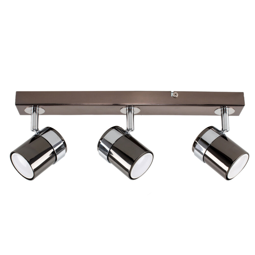 Modern 3 Way Gloss Black and Polished Chrome Straight Bar Ceiling Spotlight - with 3 x 5W Cool White GU10 LED Bulbs