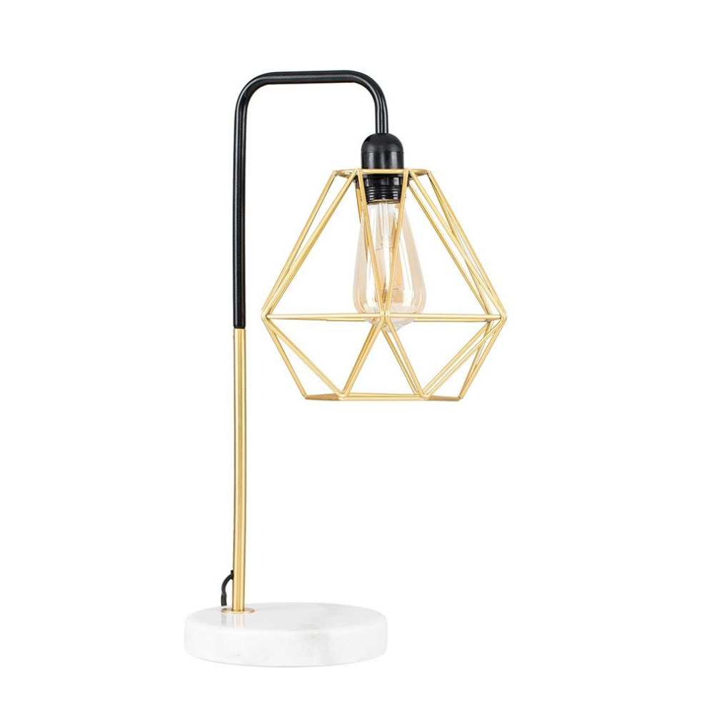 Retro Style Black/Gold Effect Metal & White Marble Table Lamp with a Gold Metal Basket Cage Shade