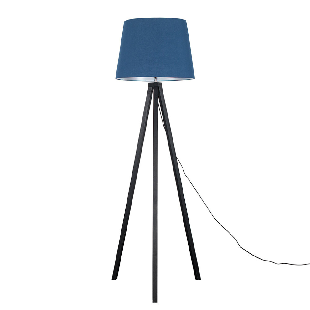 Modern Black Wood Tripod Design Floor Lamp with a Navy Blue Tapered Shade - Complete with a 6w LED GLS Bulb [3000K Warm White]