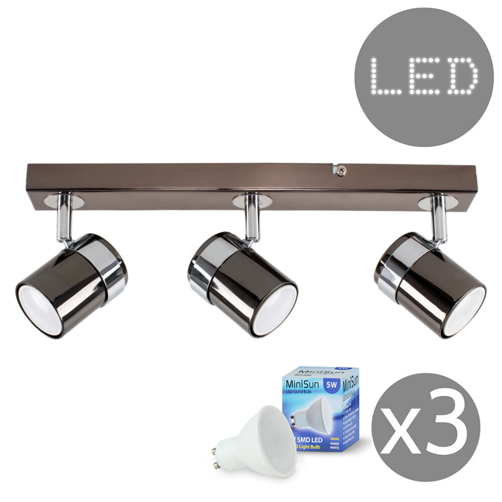 Modern 3 Way Gloss Black and Polished Chrome Straight Bar Ceiling Spotlight - with 3 x 5W Warm White GU10 LED Bulbs