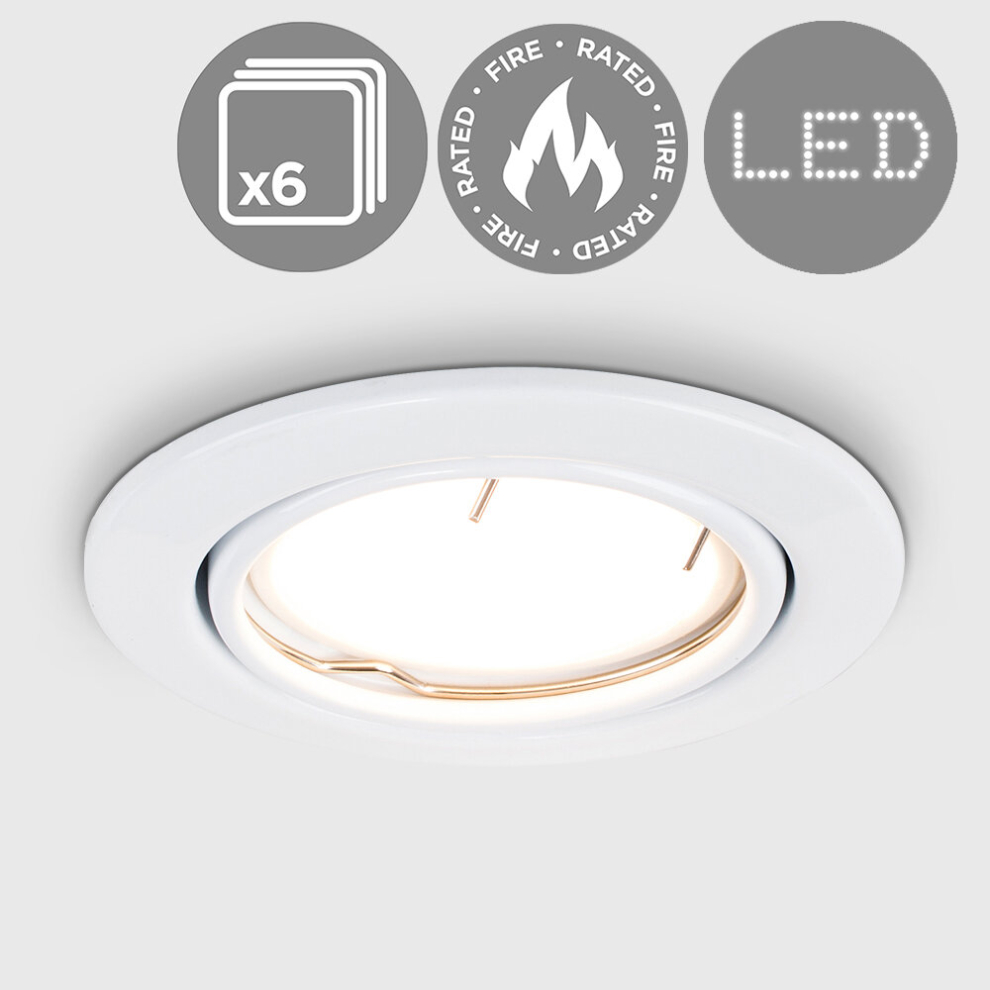 Pack of 6 - Fire Rated Gloss White Tiltable GU10 Recessed Ceiling Downlights